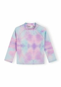 Pika varrukaga laste särk pastelse tie-dye mustriga roosa, lilla ja helesinise toonidega, ümmargune kaelus ja sildikaeluse sees.