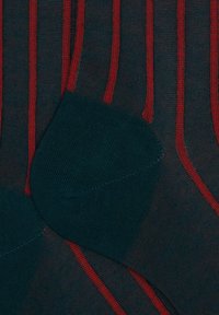 Calze color teal scuro con righe verticali rosse e zone rinforzate sul tallone e sulle dita. Tessuto liscio con un design aderente.