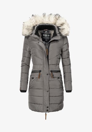 Gray quilted winter coat with faux fur-trimmed hood, zippered and buttoned front, zip pockets, and ribbed cuffs.