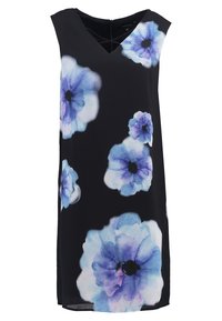 Robe sans manches noire avec de grands motifs floraux bleus à centres sombres, décolleté en V et texture douce et lisse.