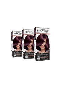 Tre scatole di tinta per capelli in fila di Franck Provost. Ognuna presenta una tonalità di viola profondo, un modello con capelli mossi e elementi di branding professionale.