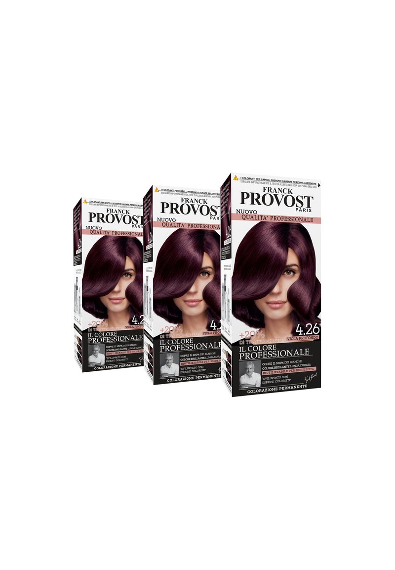 Tre scatole di tinta per capelli in fila di Franck Provost. Ognuna presenta una tonalità di viola profondo, un modello con capelli mossi e elementi di branding professionale.