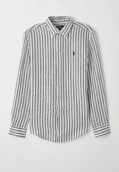Camisa de mangas longas listada em branco e cinza com colarinho abotoado. Tecido de mistura de algodão com um pequeno logotipo no bolso do peito.