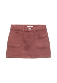 Vaalean viininpunainen farkku mini-hame, jossa on nappisuljin, kaksi etutaskua ja siisti helma. Rakenteellinen kangas, jossa on hienovaraisia ompeluyksityiskohtia.