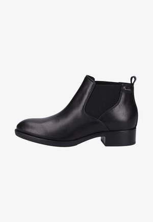 Schwarze Leder-Ankle-Boots mit runder Zehenform, elastischen Seitenpaneelen und einem niedrigen Blockabsatz. Glatte Oberfläche mit einer Schlaufe an der Rückseite.
