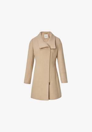 Manteau en laine beige longueur genou avec fermeture éclair asymétrique devant, col large et manches longues.