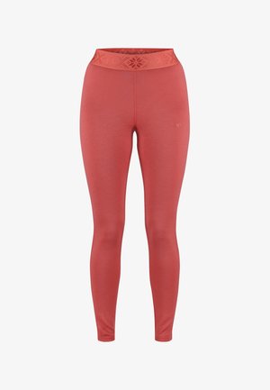 Hochtaillierte Leggings in Korallenfarbe mit einem gemusterten Bund. Hergestellt aus dehnbarem Stoff, mit einem figurbetonten Schnitt und ohne sichtbare Nähte.