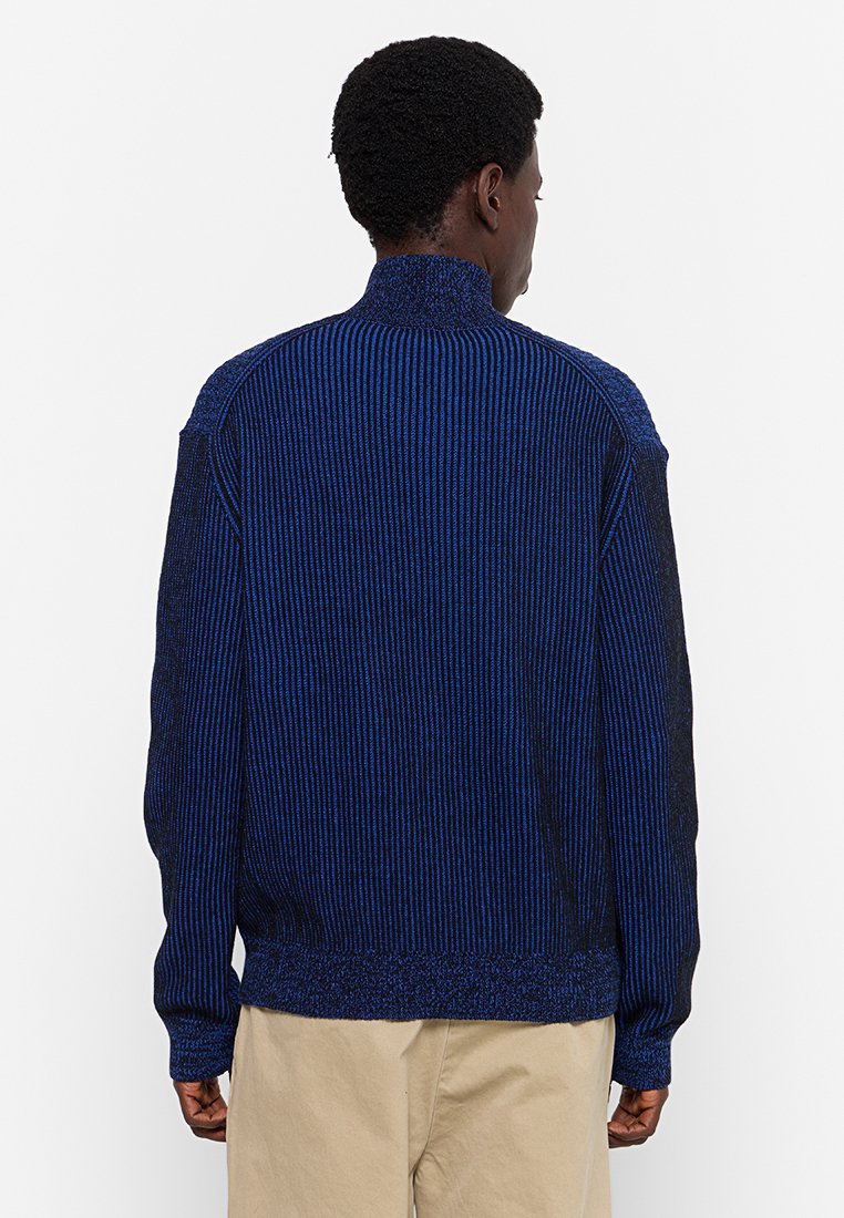 Mann, der von hinten betrachtet wird, trägt einen blau-gestreiften Strickpullover mit hohem Kragen und beigen Hosen vor einem weißen Hintergrund.