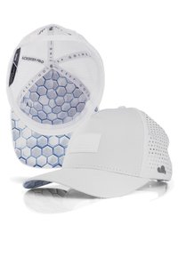 White baseball cap featuring a hexagonal pattern on the inner lining, breathable mesh side panels, and a rectangular logo patch on the front.