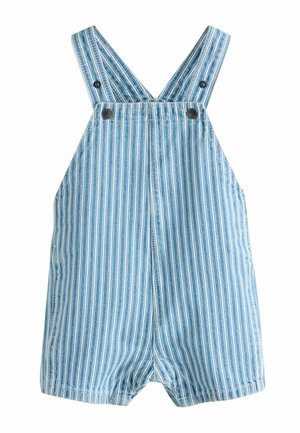 Blau-weiß gestreifter Baby-Strampler aus Denim mit verstellbaren Schultergurten und Metallknöpfen.