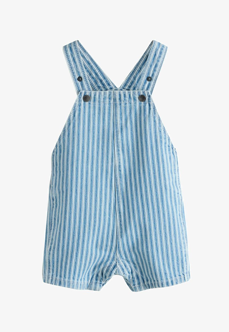 Blauw-wit gestreepte denim babyromper met verstelbare schouderbandjes en metalen knoopsluitingen.