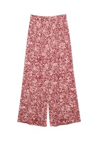 Wijde roze broeken met bordeaux geometrische en abstracte patronen, met een hoge taille en een vloeiende stoftextuur.