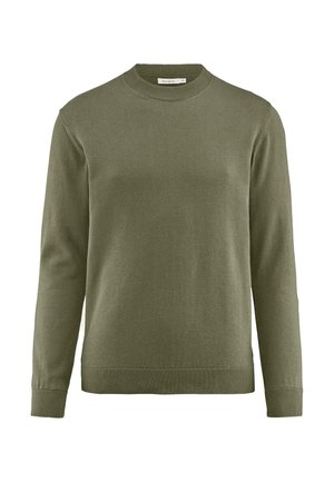 Olivengrüner Pullover aus weichem Material, mit Rundhalsausschnitt, langen Ärmeln und gerippten Bündchen und Saum. Minimalistisches Design.
