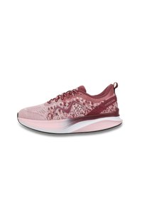 Rose and blush athletic shoe with mesh upper, textured design, gray accents, white midsole, and black outsole. Features contrasting laces.