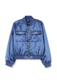 Satin-Bomberjacke in Marineblau mit verkürztem Design, Reißverschluss, zwei Brusttaschen mit goldenen Knopfakzenten sowie gerippten Bündchen und Saum.