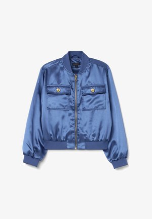 Bomber jacket in satin blu navy con design accorciato, chiusura con zip, due tasche sul petto con dettagli in bottone dorato e polsini e orlo a coste.