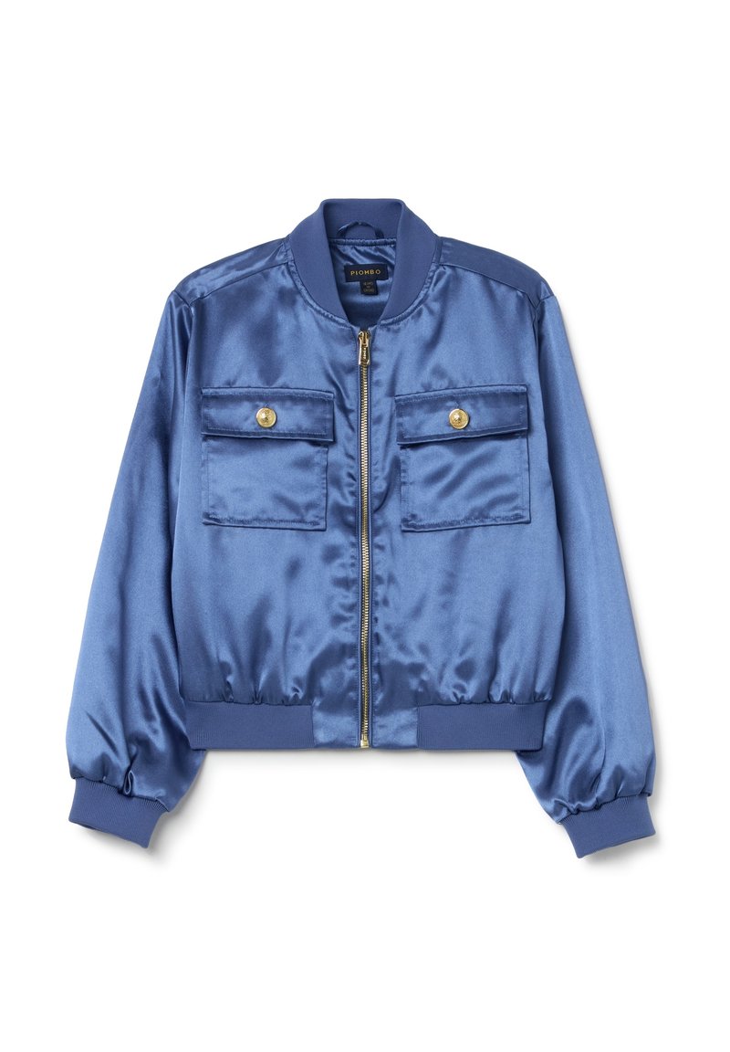 Satin-Bomberjacke in Marineblau mit verkürztem Design, Reißverschluss, zwei Brusttaschen mit goldenen Knopfakzenten sowie gerippten Bündchen und Saum.