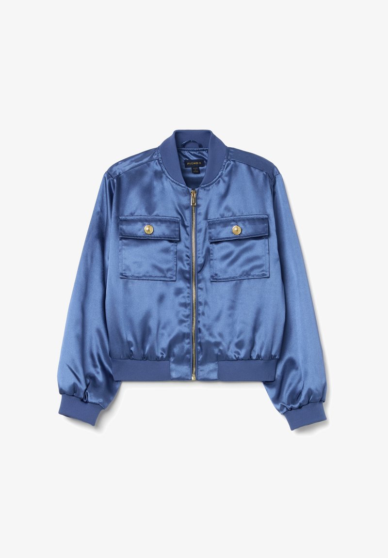 Satin-Bomberjacke in Marineblau mit verkürztem Design, Reißverschluss, zwei Brusttaschen mit goldenen Knopfakzenten sowie gerippten Bündchen und Saum.
