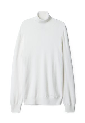 Weißer Rollkragenpullover aus einem weichen, dicken Strickstoff. Verfügt über lange Ärmel, einen schmalen Kragen sowie gerippte Bündchen und Saum.