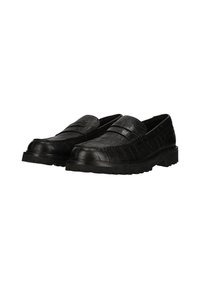 Black leather loafers with crocodile texture, rounded toes, strap detail across the top, and thick rubber soles.