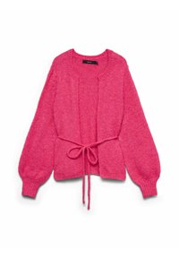 Cardigan en tricot rose avec de longues manches bouffantes, design à ouvrir à l'avant, fermeture par lien à la taille et tissu doux et texturé.