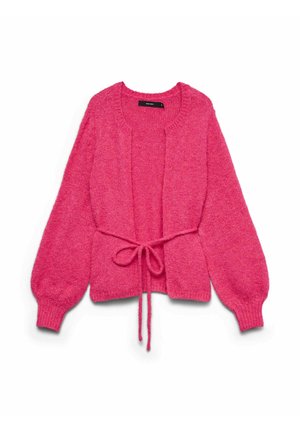 Pink knitted cardigan with long puff sleeves, open front design, tie closure at waist, and soft, textured fabric.