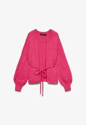 Rosa gebreid cardigan met lange pofmouwen, open voorkant, striksluiting op de taille en zachte, textuurstof.