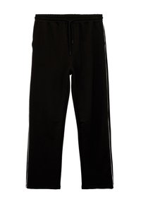 Schwarze Jogginghosen mit elastischem Bund und Kordelzug, ausgestattet mit weißen Seitenstreifen, geradem Beinansatz und glatter Textur.