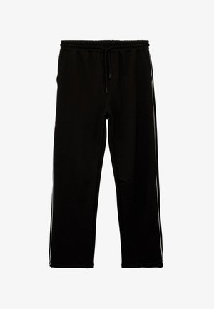 Schwarze Jogginghosen mit elastischem Bund und Kordelzug, ausgestattet mit weißen Seitenstreifen, geradem Beinansatz und glatter Textur.