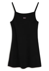 Camisole noire avec des bretelles fines, design ajusté et un léger ourlet évasé. Présente un petit logo "Vans" rose sur la poitrine. Texture de tissu douce.