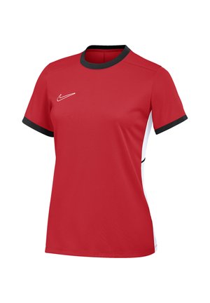T-shirt de sport rouge à manches courtes avec col et finitions des manches noirs, panneaux latéraux blancs et logo Nike blanc sur le haut de la poitrine.