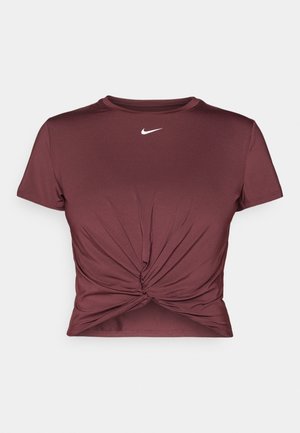 Maroon cotton-blend T-shirt with short sleeves, a round neckline, and a knotted front detail. Features a white Nike logo on the chest.