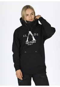 Black hoodie with a front pouch pocket, white logo lettering, adjustable hood, and drawstring accents. Soft fabric and ribbed cuffs.