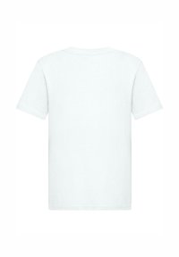 Camiseta blanca de algodón con mangas cortas, escote redondo y diseño liso. La tela parece suave y con una textura lisa.