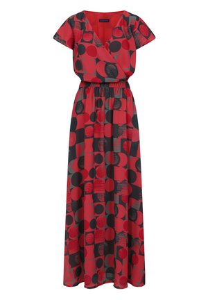Rød maxikjole med indpaknings-halsudskæring, korte ærmer, elastisk talje og et mønster af cirkler i forskellige størrelser og teksturer i sort og rød.