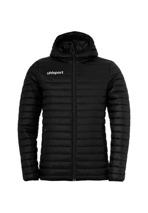 Giacca imbottita nera con cappuccio, zip frontale completa, cuciture orizzontali e logo bianco "uhlsport" sul petto in alto a sinistra.