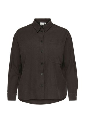 Chemise en velours côtelé marron foncé à manches longues avec col, boutons sur le devant et une grande poche sur la poitrine gauche.