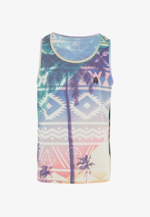 Ärmelloses Tanktop aus weichem Stoff, das mit einem mehrfarbigen tropischen Palmenbaum und geometrischem Muster versehen ist, mit Rundhalsausschnitt und normaler Passform.