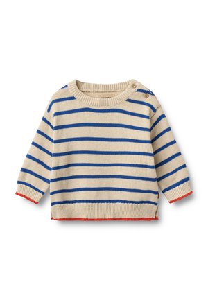 Béžový dětský svetr s modrými vodorovnými pruhy, červeným lemem na manžetách a dolním okraji, žebrovaným výstřihem a dvěma knoflíky na levém rameni.