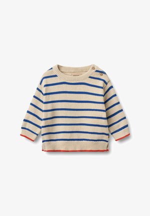 Beige vauvan villapaita, jossa siniset vaakaraidat, punaiset reunukset hihansuuissa ja helmassa, resorinen pääntie ja kaksi nappia vasemmalla olkapäällä.