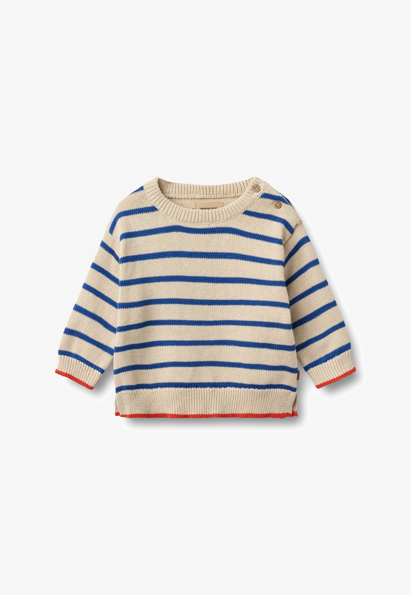 Suéter beige para bebé con rayas horizontales azules, ribete rojo en los puños y el dobladillo, cuello acanalado y dos botones en el hombro izquierdo.