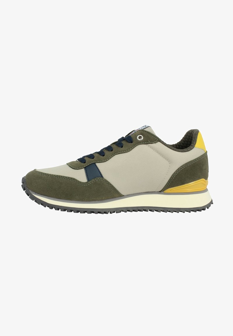 Green and beige sneaker with a textured suede and fabric upper, navy laces, and yellow accents on the heel. Rubber outsole with grip pattern.
