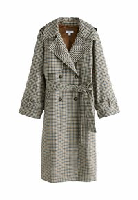Beige, brauner und blauer karierter Trenchcoat. Verfügt über doppelte Knöpfe, breite Revers, hochgerollte Ärmel und einen Taillengürtel.