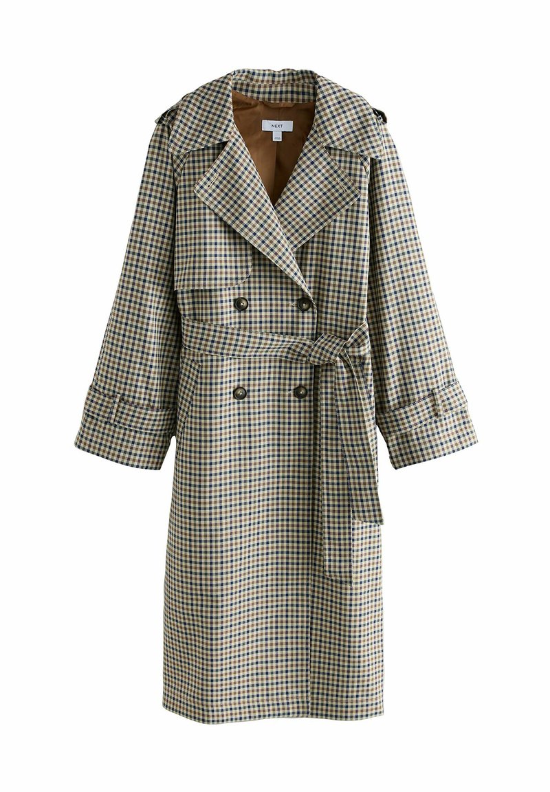 Beige, brauner und blauer karierter Trenchcoat. Verfügt über doppelte Knöpfe, breite Revers, hochgerollte Ärmel und einen Taillengürtel.