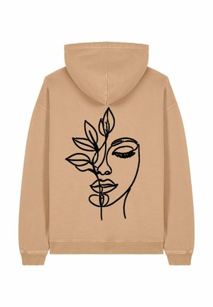 Beige hoodie met een omlijningontwerp van een gezicht en bladeren in zwart op de achterkant. Zachte stof met een relaxte pasvorm en een trekkoordcapuchon.