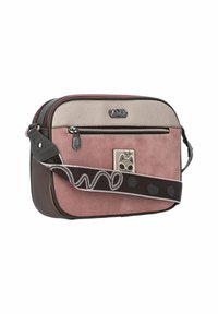 Borsa a tracolla rosa e grigia con finitura testurizzata, dotata di chiusura zip, tracolla in tessuto con motivo a spirale e dettaglio del logo.