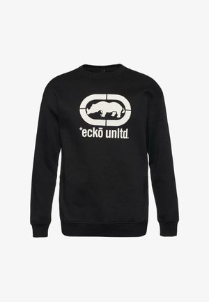 Schwarzer Pullover aus Baumwolle, ausgestattet mit einer großen weißen Grafik eines Nashorns und dem Text "*eckō unlt." in einem kontrastierenden Design.