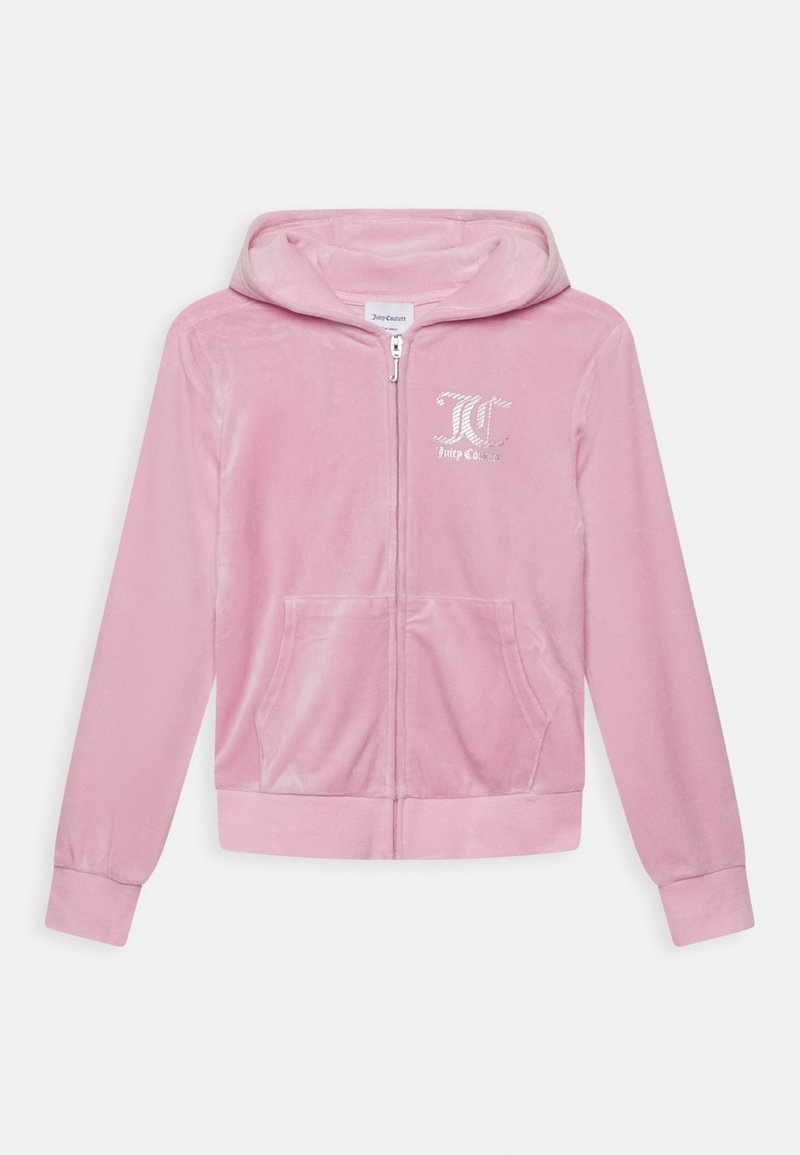 Velvet pink zip-up hoodie with a front pocket, long sleeves, and a hood. Features silver "J.C." logo on the left side. Soft texture.