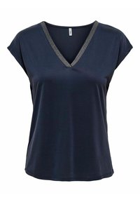 Haut bleu marine à manches courtes et col en V avec un accent côtelé autour de l'encolure et une coupe décontractée. Fabriqué en tissu lisse et léger.