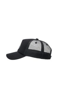 Black cap with a solid front panel and mesh back. Features a curved brim and adjustable plastic snap closure. Logo detail on the front.
